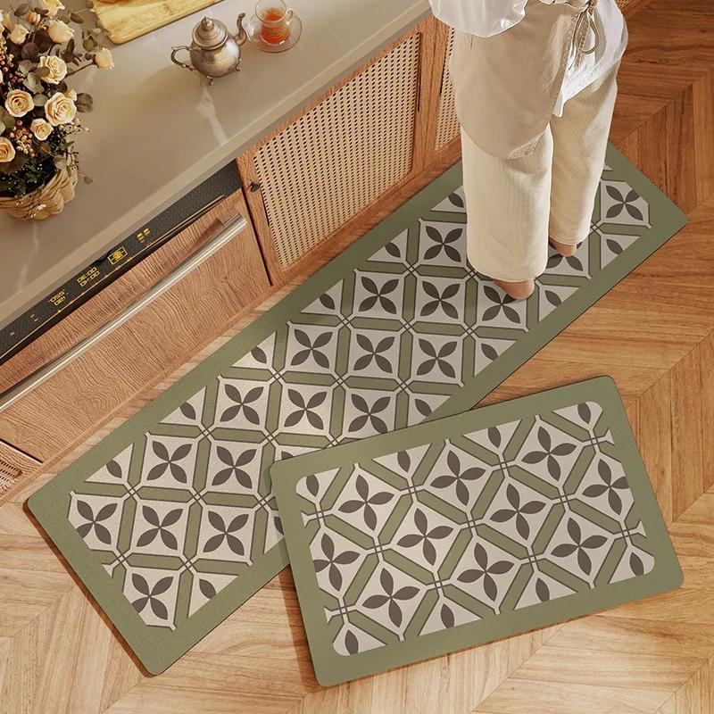 Fiber Leather Natural Rubber Kitchen Floor Mat, Soft Q-elastic Long Kitchen Mats Absorbs Water, Oil and Non-slip Foot Pads
