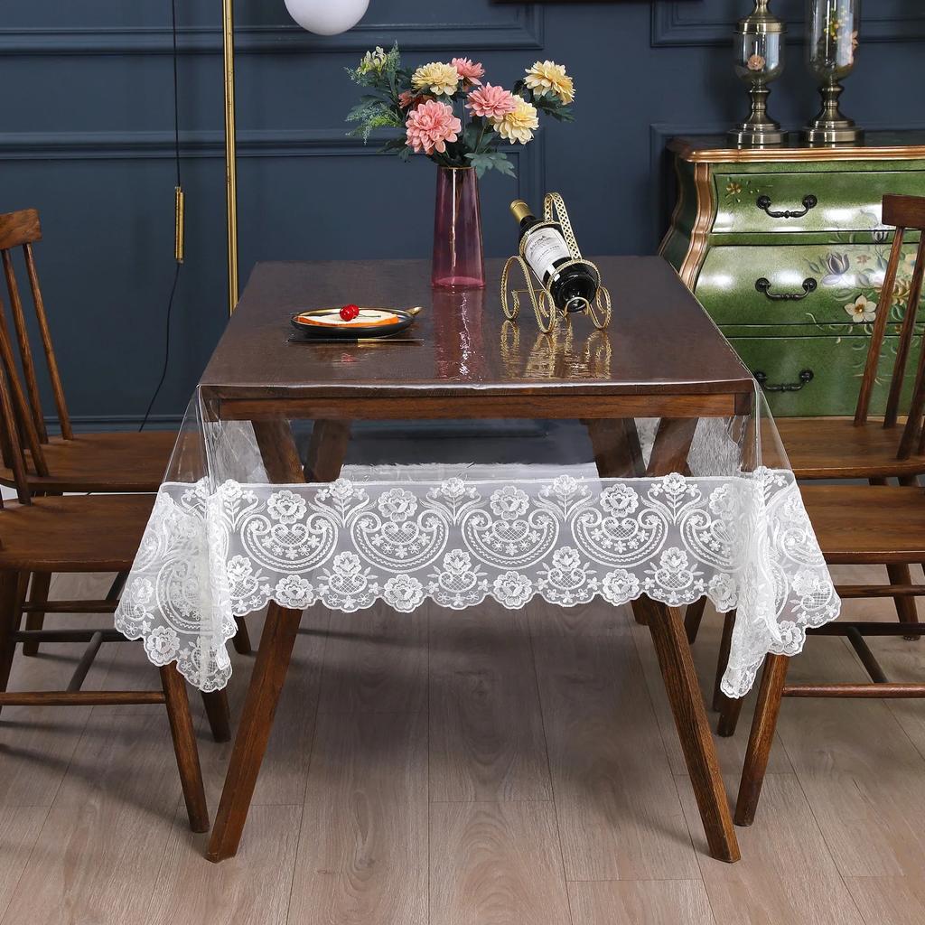New Tablecloth European Lace PVC Waterproof and Oil-proof Furniture Dustproof Cloth Lace Hem Transparent Tablecloth for Home