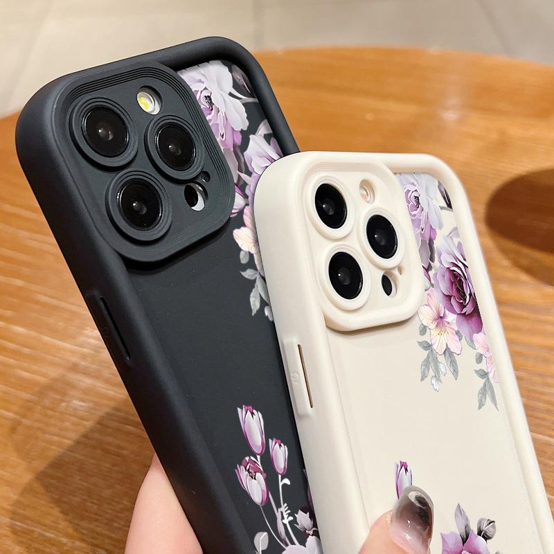 Fashion Floral Pattern Phone Case For iPhone 16 Pro Max 15 Pro 14 Plus 13 12 11 XS 8 7 Lens Protection Soft Shockproof TPU Matte Back Cover