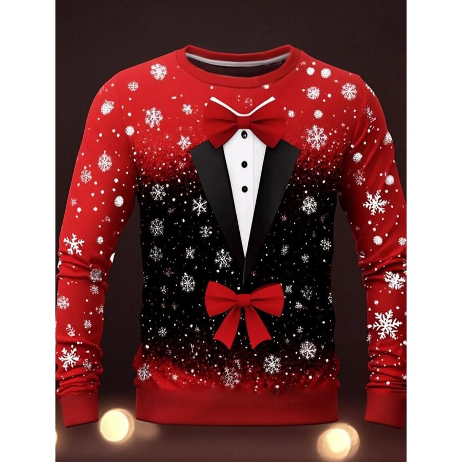 

Мужская футболка с круглым вырезом и принтом рождественской елки, снежинки, галстука-бабочки, 3D-принт, повседневная футболка на рождественскую тематику, красные топы с длинными рукавами M