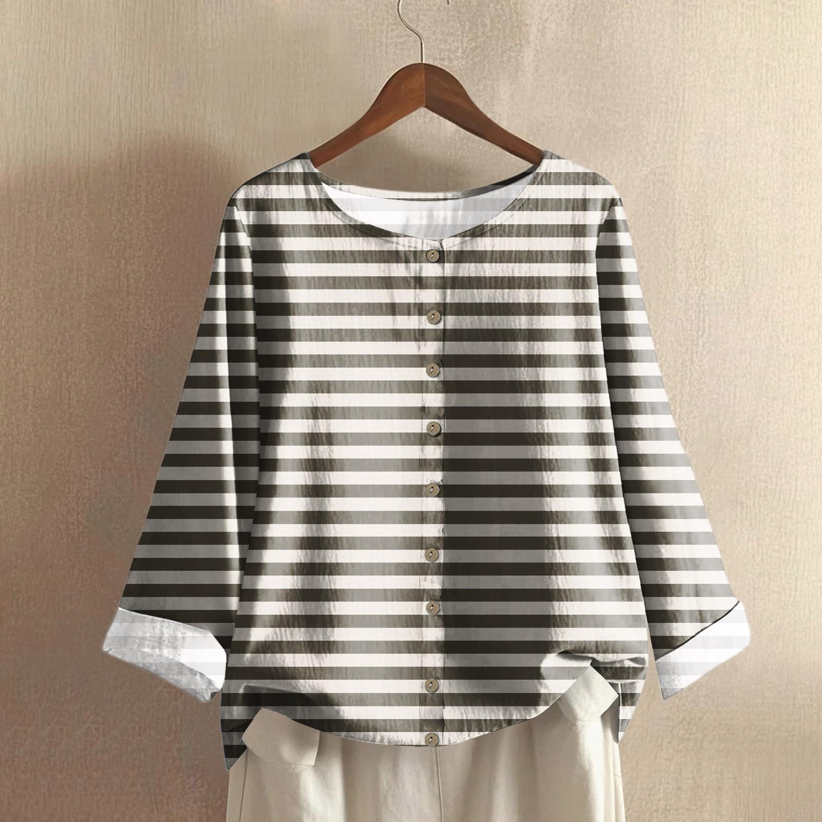 

Женский повседневный хлопково-льняной топ с длинным рукавом и круглым вырезом в стиле ретро с полосатым геометрическим принтом XL белый