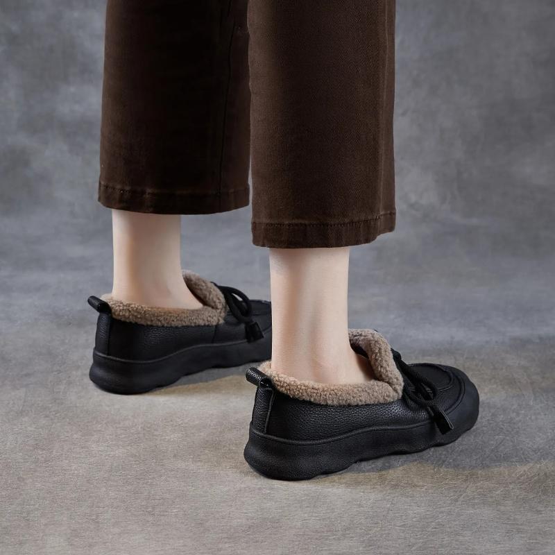 Johnature Plush Warm Loafers Thick Soled Casual Genuine Leather Versatile Round Toe Cotton Shoes