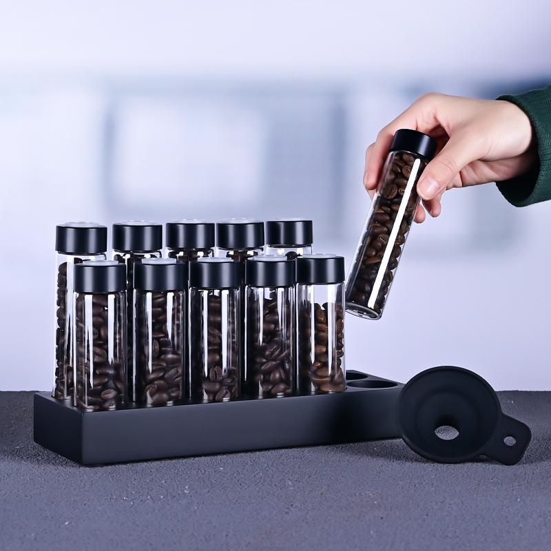 Airtight Sealed Glass 12Tubes Coffee Beans Storage Containers 22g Single Dose Aroma Valve With Coffee Bean Storage Wooden Holder 6