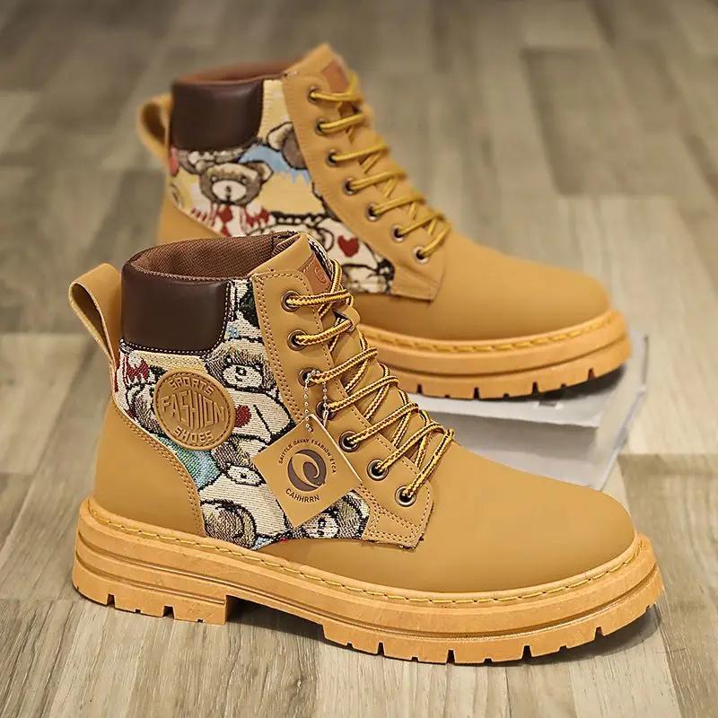 British Style 2026 New Youth High Top Printed Patchwork Workwear Leather Boots Men's Spring Autumn Outdoor Casual Shoes