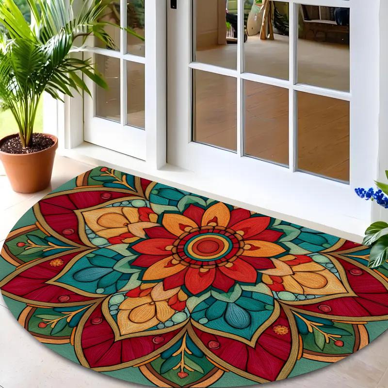 Bloemig Mandala Halfronde Vloerkleed Levendig Rood Oranje Petrol Kleurige Bloemblaadjes Symmetrisch Ontwerp Boho Entree Mat 40x60cm-Felt