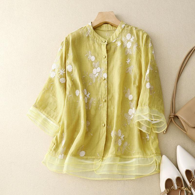 Spring Summer Women Shirt Blouse Spliced Three Quarter Gauze Stand Neck Single-breasted Breasted Folk Embroided Cardigan Tops