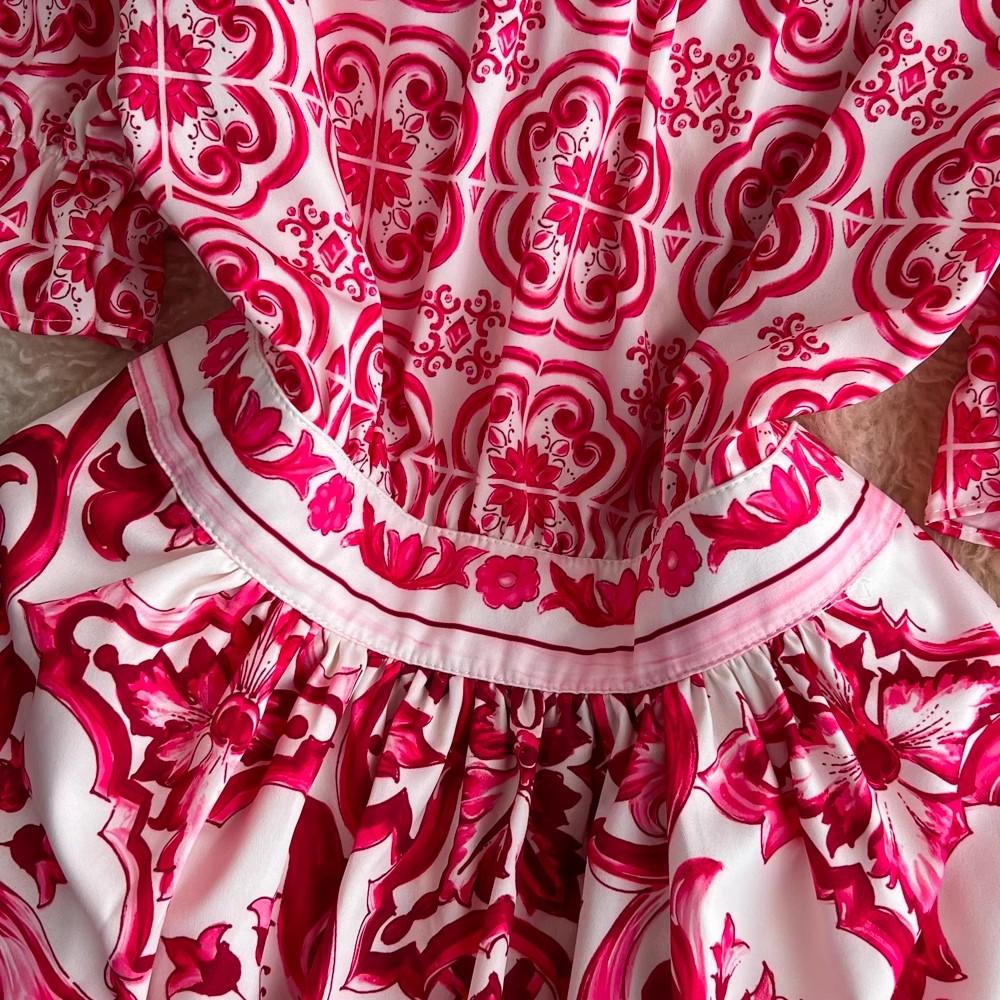 Sommer Runway Rot Blau Porzellan Partykleid Damen V-Ausschnitt Flare Ärmel Rüschen Knöpfe Blumendruck Strand Minikleider