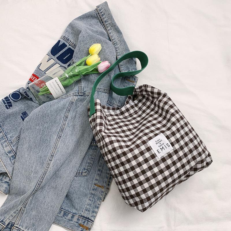 Canvas Bag Women's New Style Casual Contrast Color Plaid One Shoulder Cloth Bag College Student Literary Commuter Tote Bag