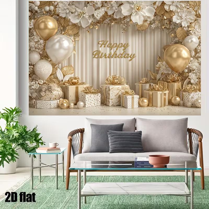 2D White Gold Floral Birthday Backdrop Home Party Celebration Photo Background