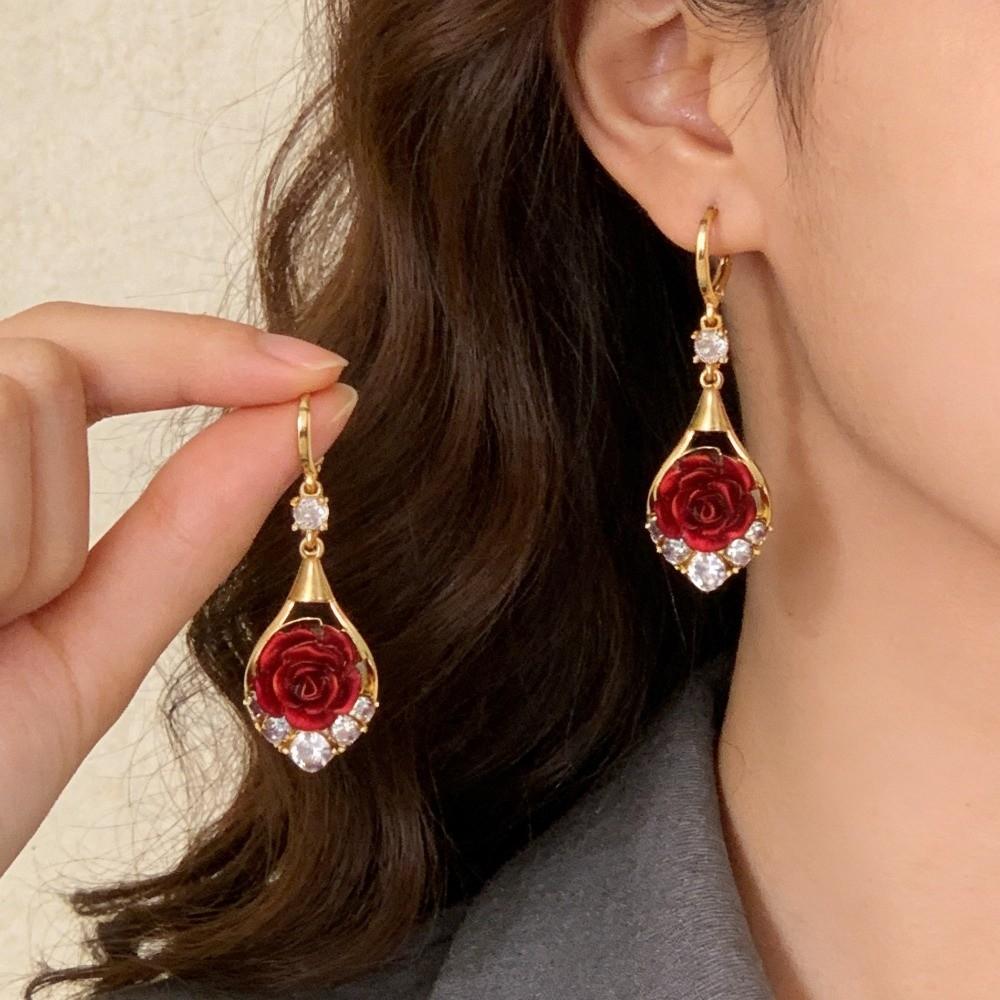 Retro-style Red Rose Earrings Fashionable Rose Teardrop Earrings New Rose Rhinestone Earrings