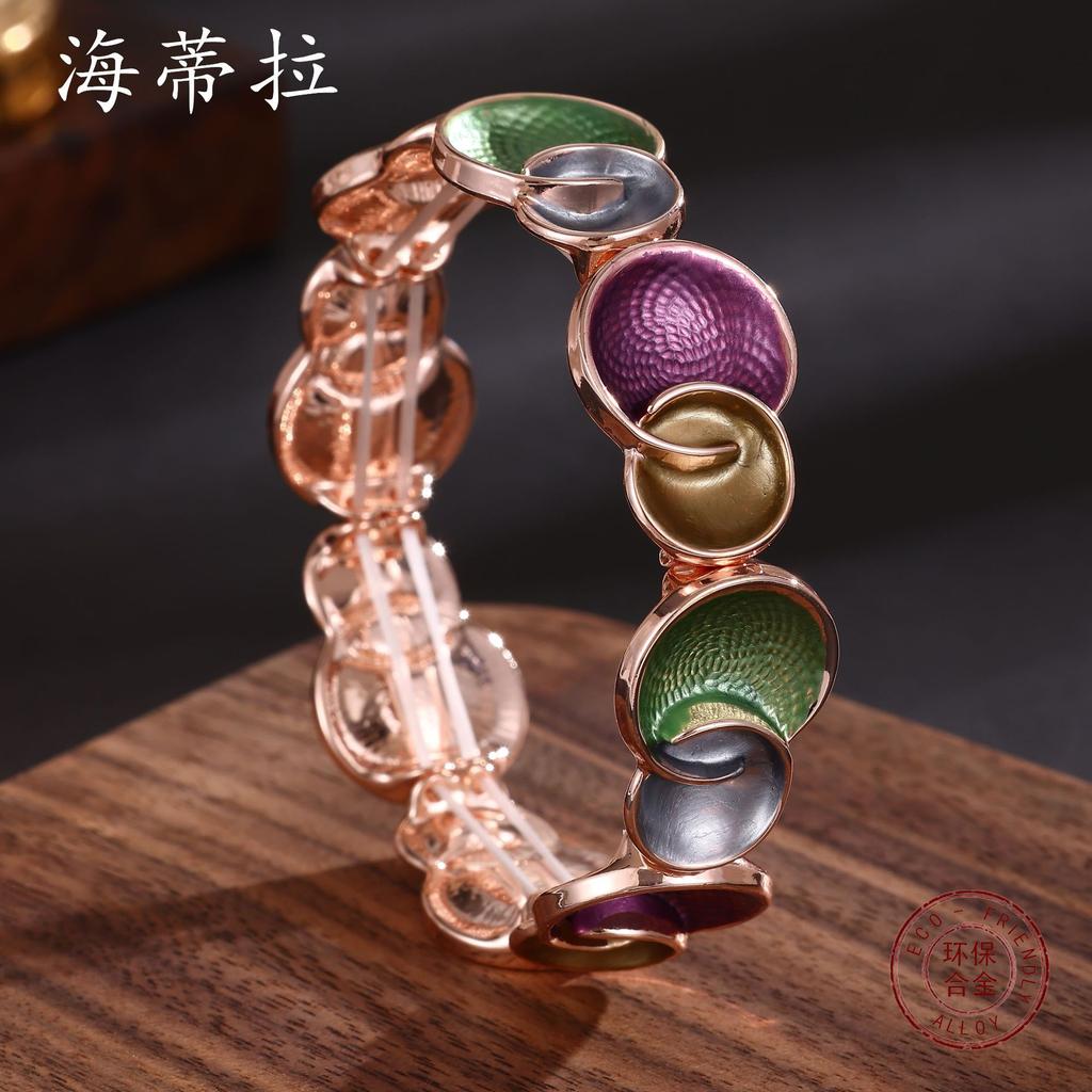 Emaille geometrisches rundes elastisches Armband, Damen High-End rundes Blütenblatt Legierungsarmband
