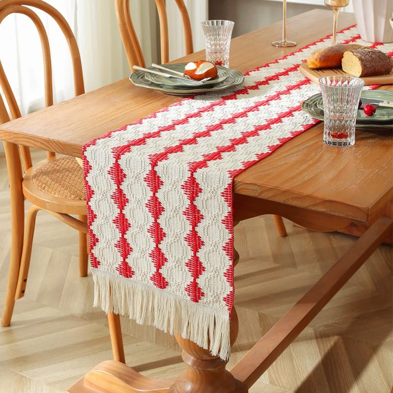 Cotton Linen Table Runner With Striped Patchwork Design Tassel Trim Modern Minimalist Long Cover Dining Room