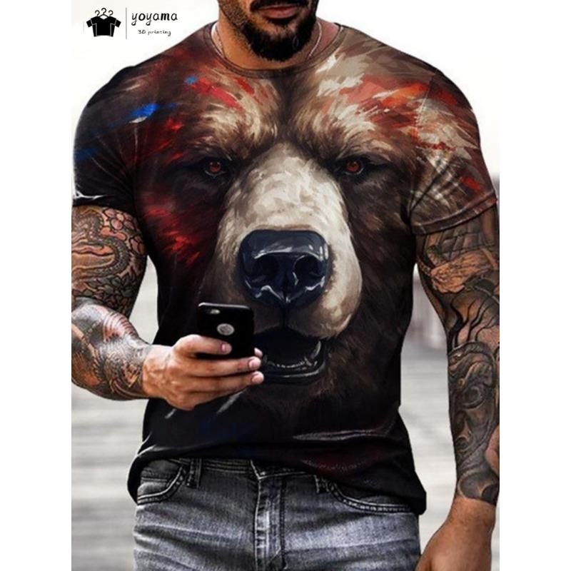 Hip Hop 3D Bear Print Men's Short Sleeve Summer Party Men's T-Shirt Vintage Round Neck Men's Top Casual Oversized Men's Clothing