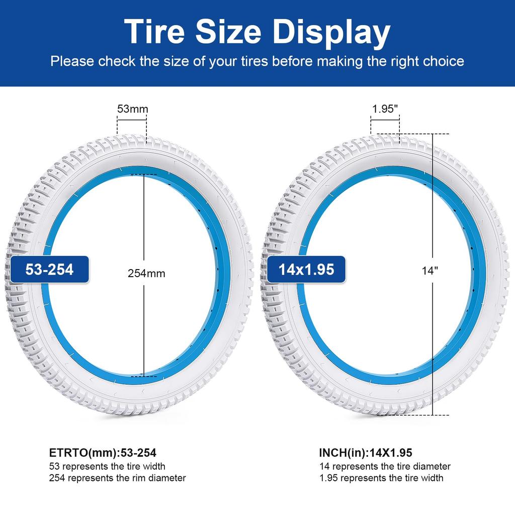 FengCan 14x1.95 Tire, 14x1.95 53-254 Bicycle Tire, Suitable for 14-inch Mountain Bikes and Cross Bikes, 1.95-inch Section Width (BQ030, White)