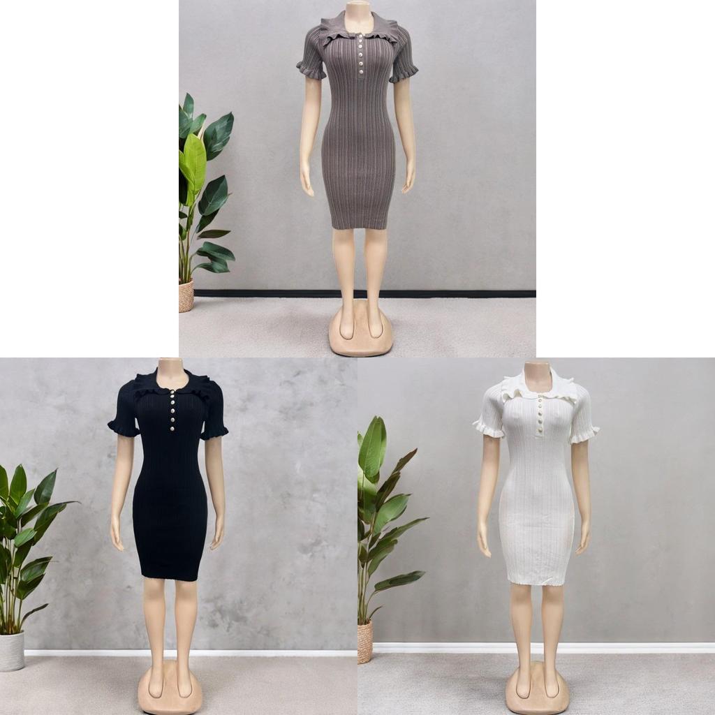 Vintage French Style Knit Dress With Puff Sleeves For Summer Casual Wear