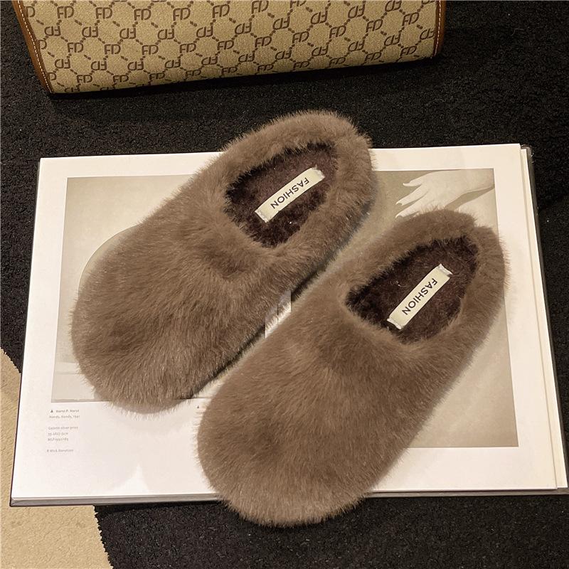 Women's Soft Bottom Large Size Thickened Winter Warm Fur One Padded Lining Ankle Boots Non-slip Baotou Cotton Fur Slippers