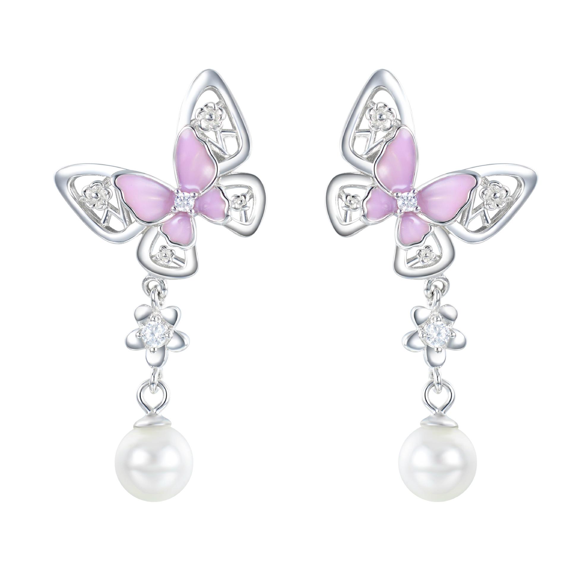 Earrings 925 sterling silver butterfly earrings ins high-end imitation pearl earrings 925 silver платиновый