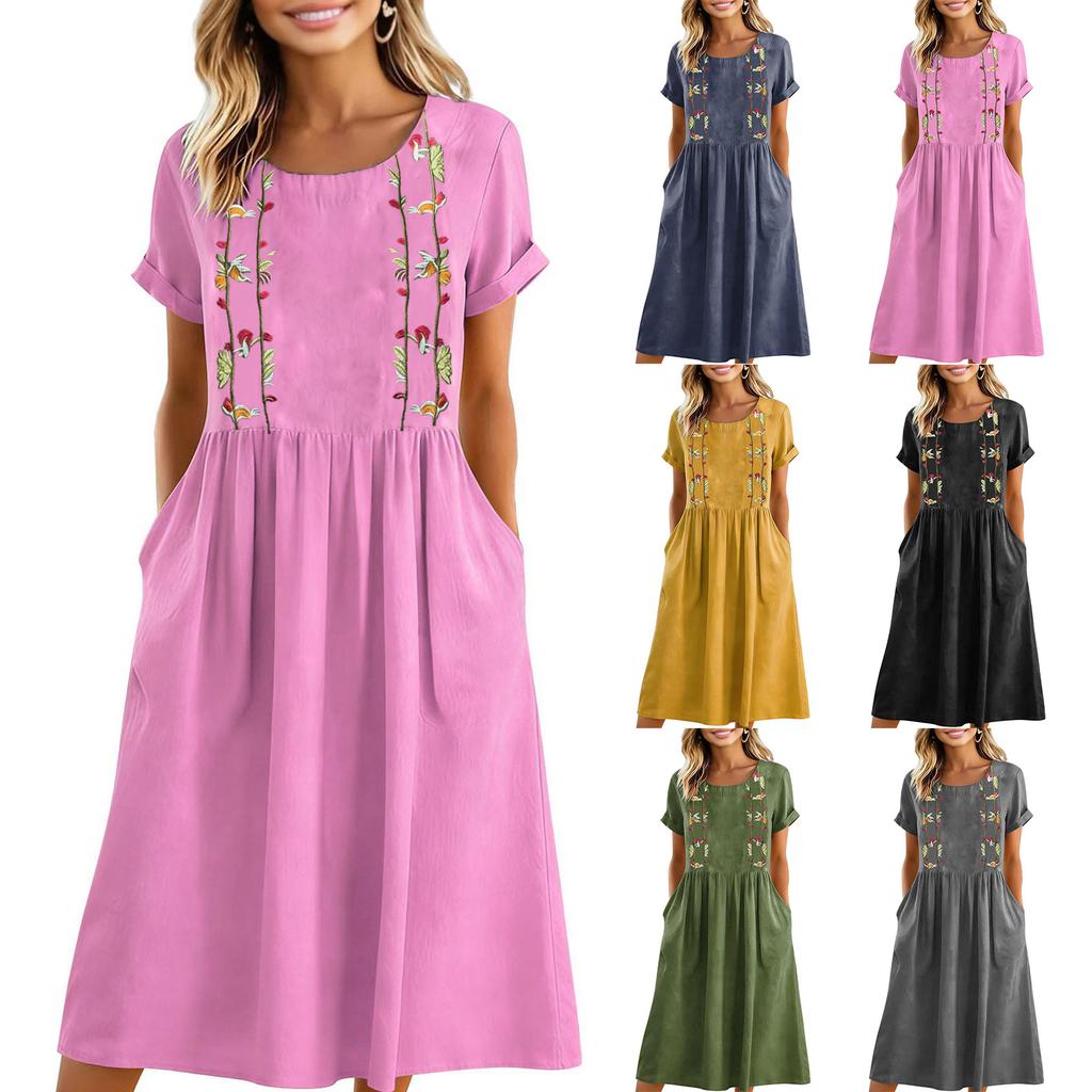 Women’s Short Sleeve Embroidered Midi Dress with Pockets Relaxed Fit Crew Neck Casual Summer Dress for Everyday Wear