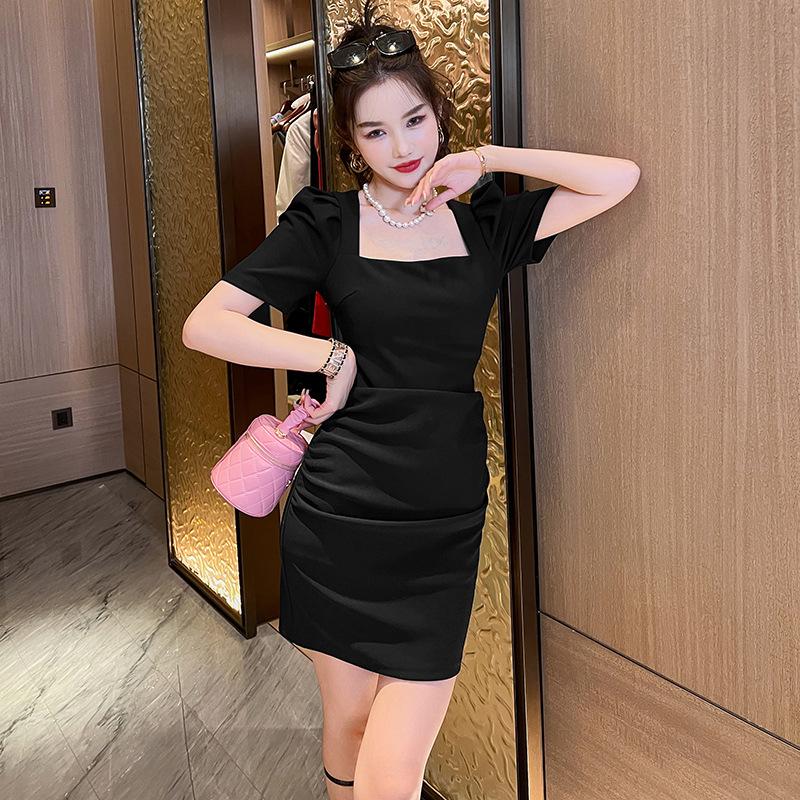 GMXIA Summer Fashion Ethos Small Slim-fit Wrap Hip Skirt Square Collar Waist Slimming Dress