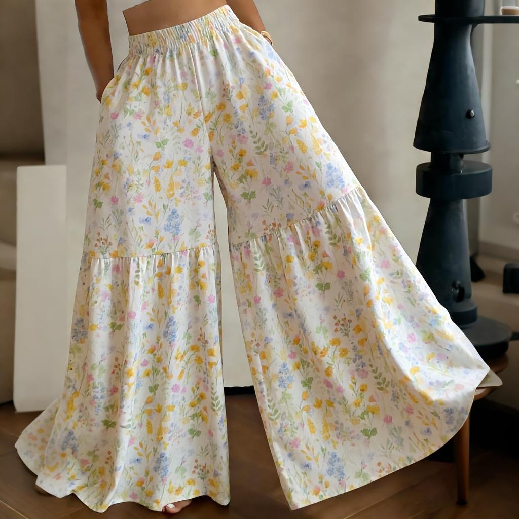 Women's High Waist Wide Leg Pants Loose Fit Lightweight Floral Print Casual Palazzo Trousers with Elastic Waistband and Side Pockets