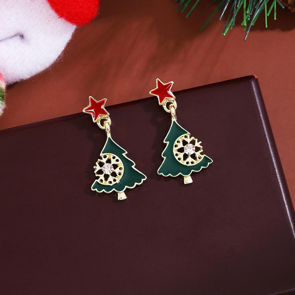 Christmas Star Hollow-Out Diamond-Encrusted Christmas Tree Stud Earrings, Niche Design Sense Contrasting Color Dripping Oil Fashion Earrings