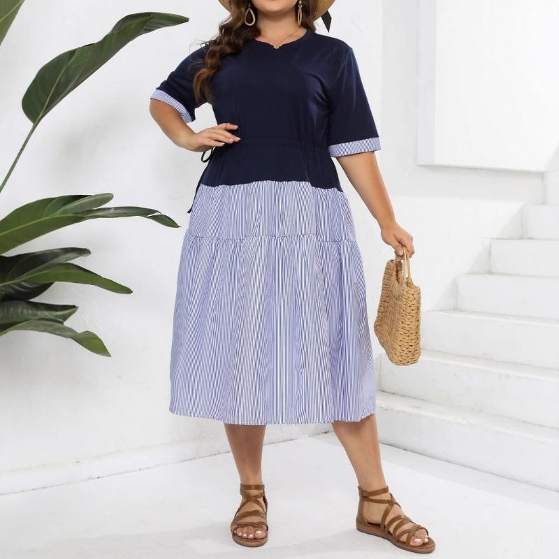 Damen Sommer Rundhals Gestrickt Patchwork Gestreift Kurzarm Fake Zwei Schwingkleid