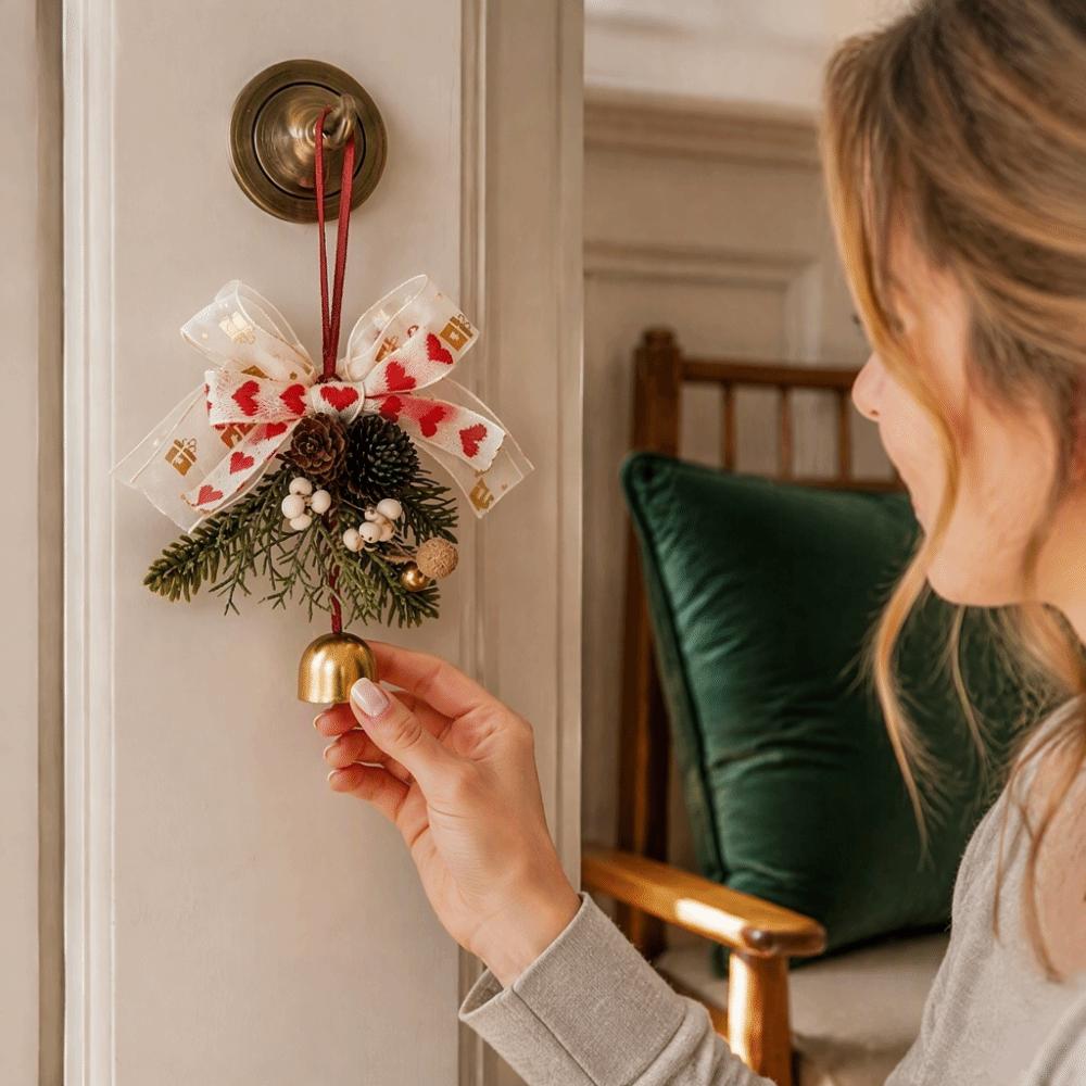Cute Xmas Tree Ornament Red Velvet Bow Jingle Bells Door Hanger Festive Christmas Pendant Holiday