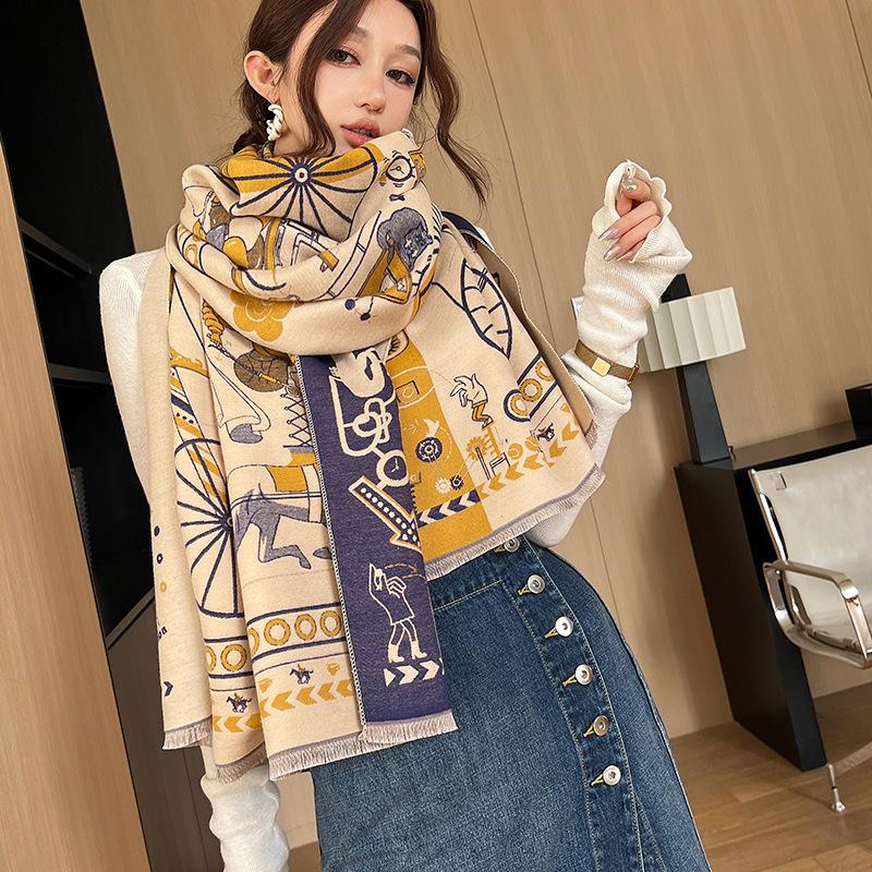 Thickened Double-sided Imitation Cashmere Scarf Shawl Retro Carriage Fashionable Imitation Cashmere Scarf for Women