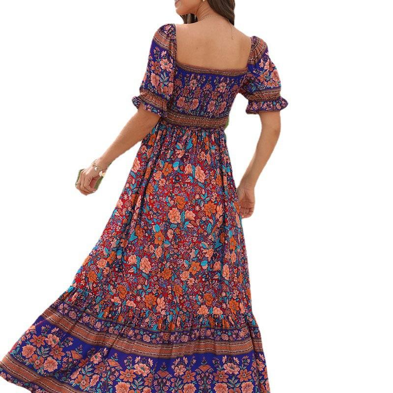 Bohemian Beach Vacation Off Shoulder Puff Sleeve Vintage Comfortable Fashion Dress