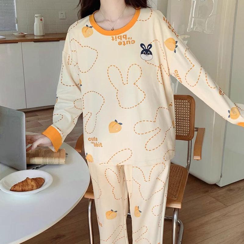 Women's Cotton Pajamas - Japanese Style, Long Sleeve, Rabbit Print, Autumn/Winter Pullover & Pants Set