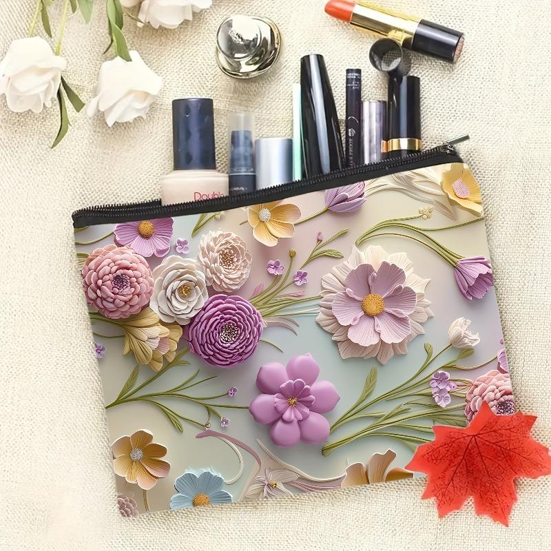 Lavender Pink Floral Makeup Bag, Large Capacity Travel Cosmetic Pouch with Zippered Compartments, Lightweight Toiletry Organizer