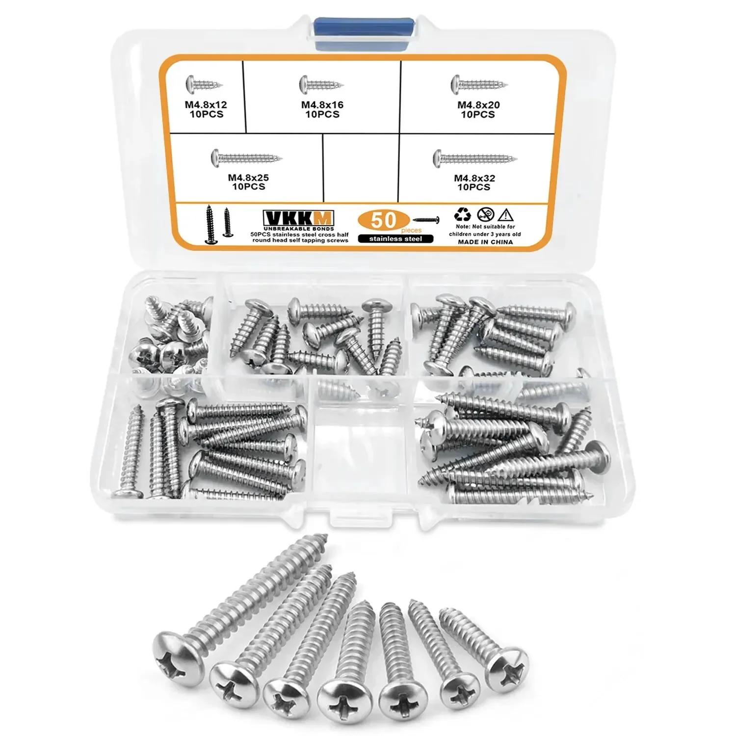 

VKKM Stainless Steel Screw Assortment, 50 Pieces, M4.8 Multi-Specifications, Cross Recess Design, Hot-Selling on Platform