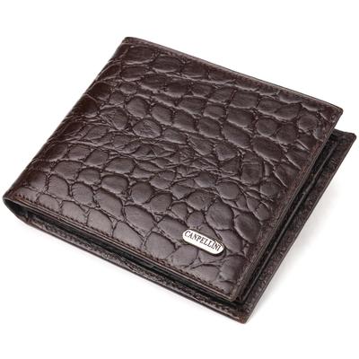 Ciekawy męski portfel dwukrotnie składany z naturalnej, fakturowanej skóry z tłoczeniem imitującym skórę krokodyla CANPELLINI Portfel 21583 Brązowy
