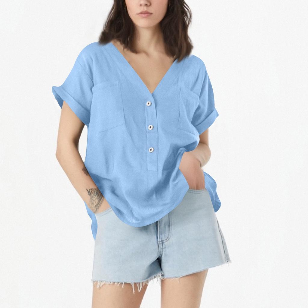 Women's Solid Color Vintage Loose V Neck Thin Cotton Linen Tops Pullover Tops