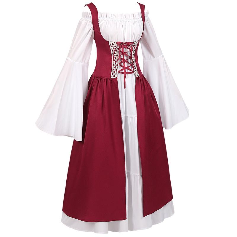 Medieval Women Victorian Long Red White Dress High Waist Design Parties Cosplay