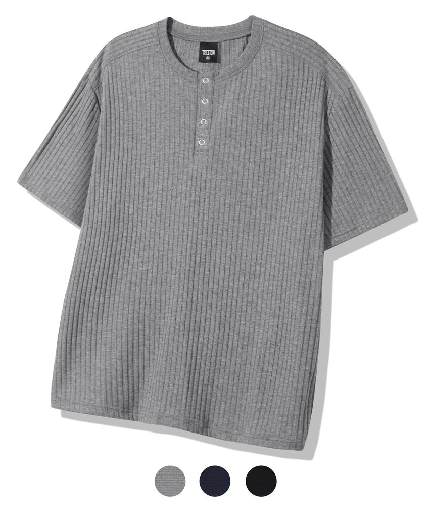 TRILLION Ribbed Ring Snap Henley Neck Short Sleeve T-Shirt_3Color
