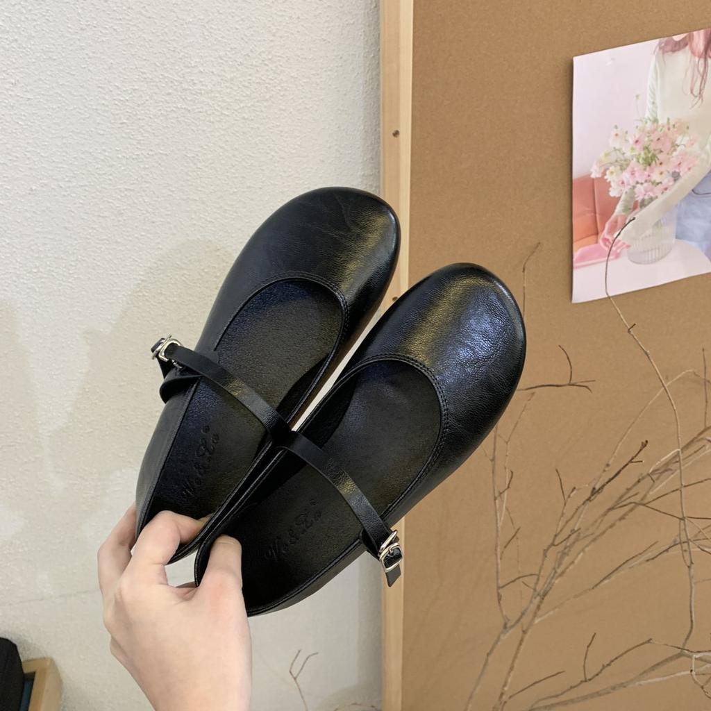 2025 Spring New Korean Version Mary Jane Shoes Women's Retro Shoes Niche Design Flat Bottom One-word Buckle Shallow Mouth Single Shoes