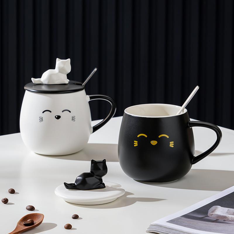 Artoon Smiling Face with Cover Spoon High Value Ceramic Cup Cute Mug Couple Small Gift Water Cup High Temperature Resistance Cup