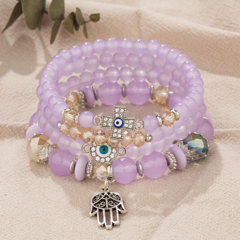 4Pcs Bohemian Acrylic Beads Bracelet Set For Women Fatima Hand Cross Evil Eyes Charm Elastic Chain Bangle Men Fashion Party Jewe