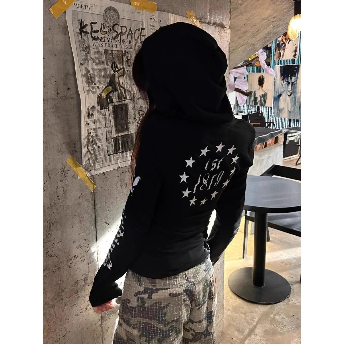 

VAYLA Hooded Graphic T Shirts Long Sleeve Gothic Autumn Tops 2000s Clothes Y2k Streetwear Youthful Woman Clothes Print Tees XL чорний