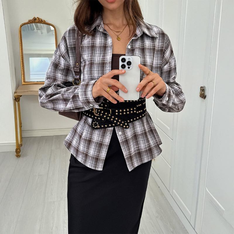 

Повседневная клетчатая рубашка с длинным рукавом на пуговицах для женщин 2025 Осень-Зима S кофейный