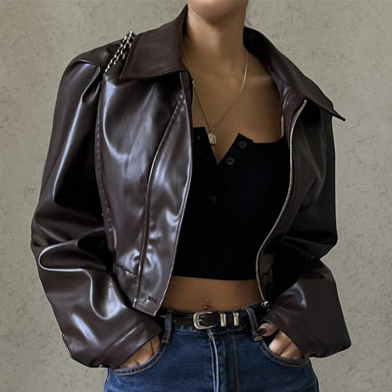 Retro Biker Style Women's PU High-Shine Jacket - 2025 Autumn Winter Trendy Versatile Faux Leather Coat, Edgy Chic Motorcycle Outerwear