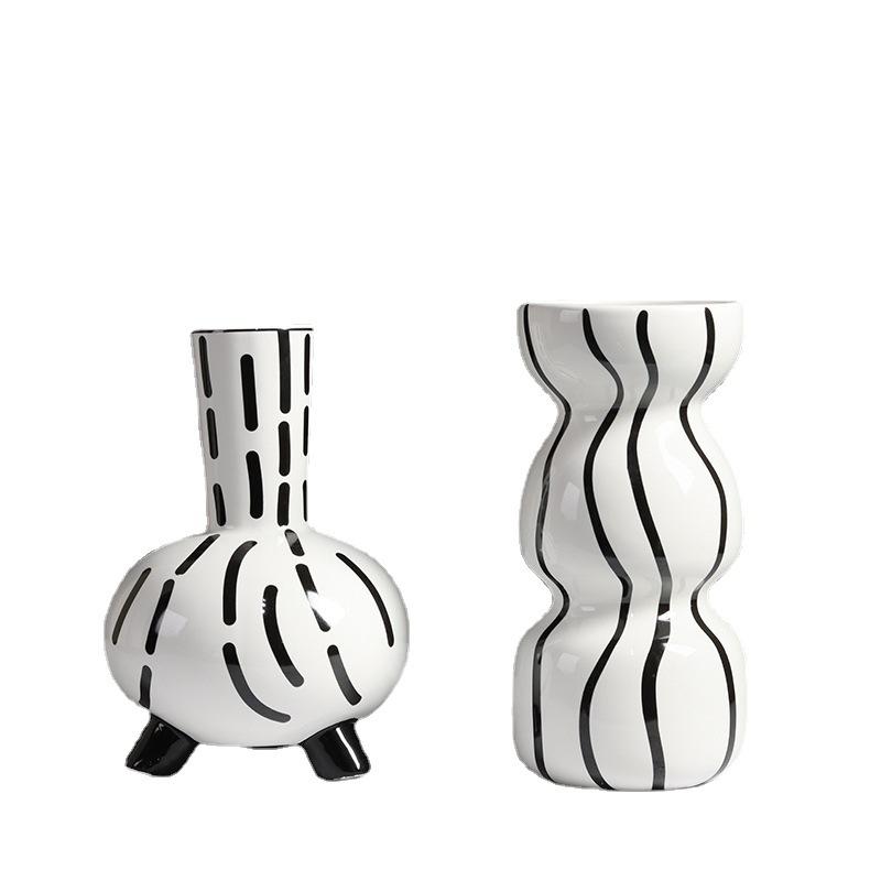 Modern Nordic Black White Striped Ceramic Vase Home Decor for Hotel Apartment Showroom