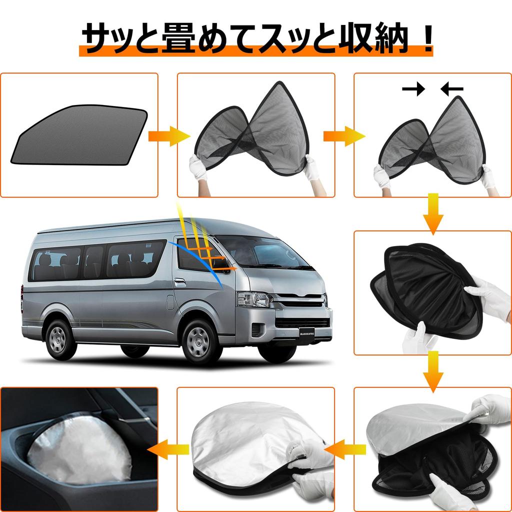 BLUESEATEC Sunshade Mesh Curtain for Toyota Hiace 200 Magnetic Side Side Passenger 2 Pieces Series, Closure, Use, H16.8-Present, Wide/Standard,