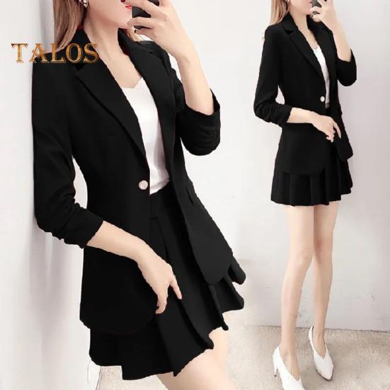 2Pcs/Set Coat Skirt Set Women Spring Autumn Lapel Long Sleeve Single Button Suit Coat Pleated Mini Skirt Set Solid Color Set
