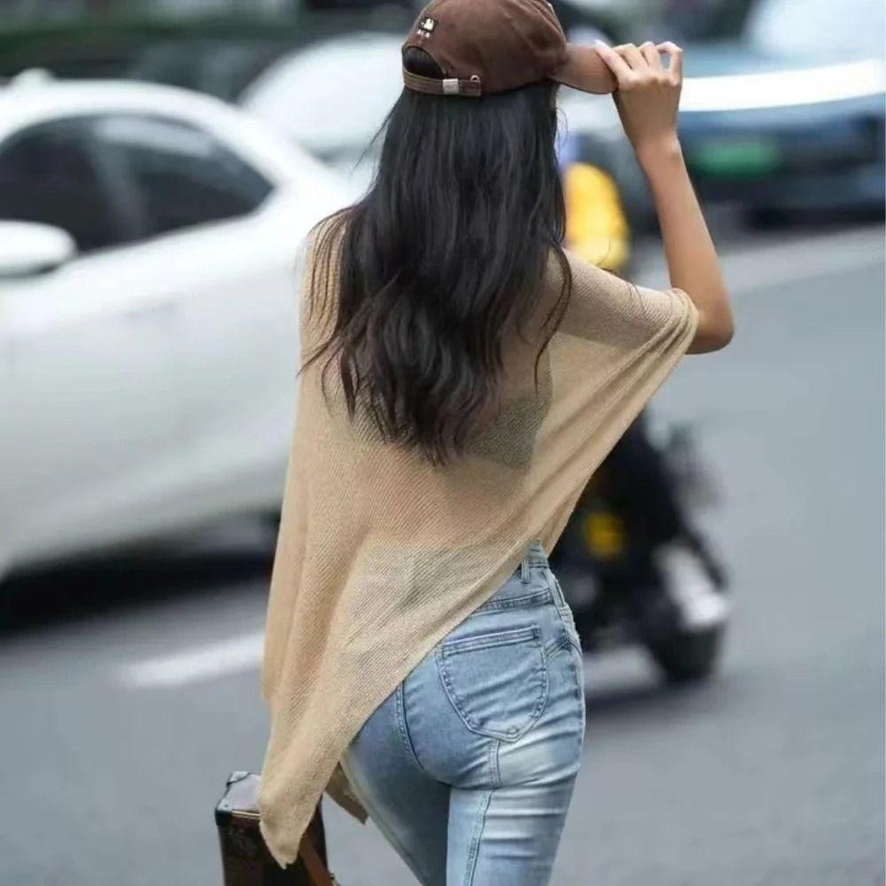 Ice Silk Sun Protection Shawls Thin Sunscreen Scarf Women Fashion Knitted Sweater Top