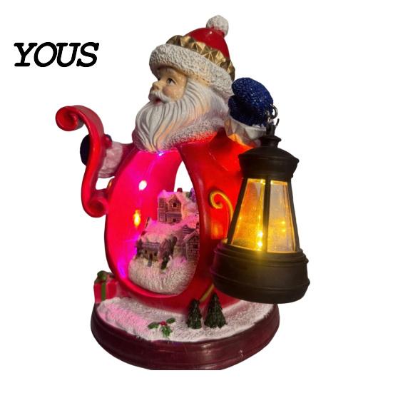Santa Claus Resin Statue Christmas Figurine with LED Light, Glowing Statue, Snow Landscape Desktop Decoration for Party Favors