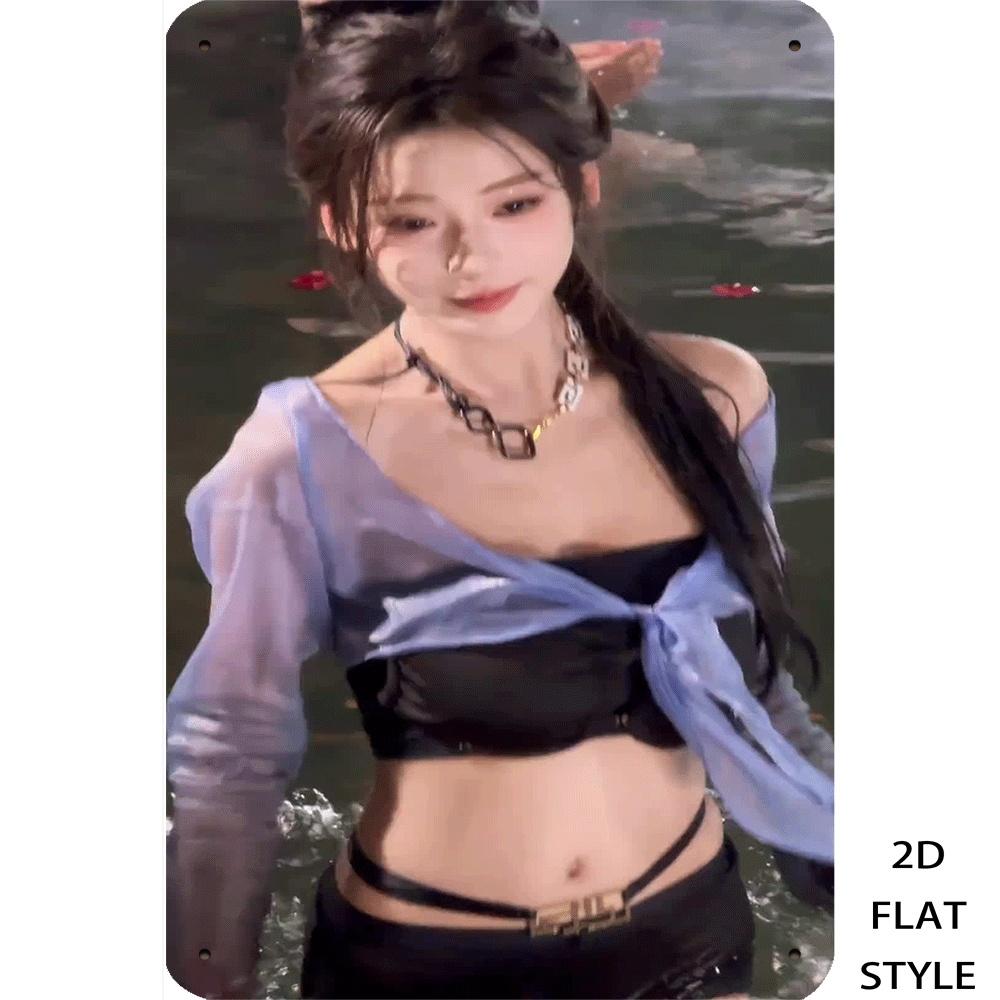 

HD Metal Tin Sign Stylish Asian Girl in Sheer Purple Top Water Scene Aesthetic Wall Art Decor 20x30cm（7.8x11.8inch）