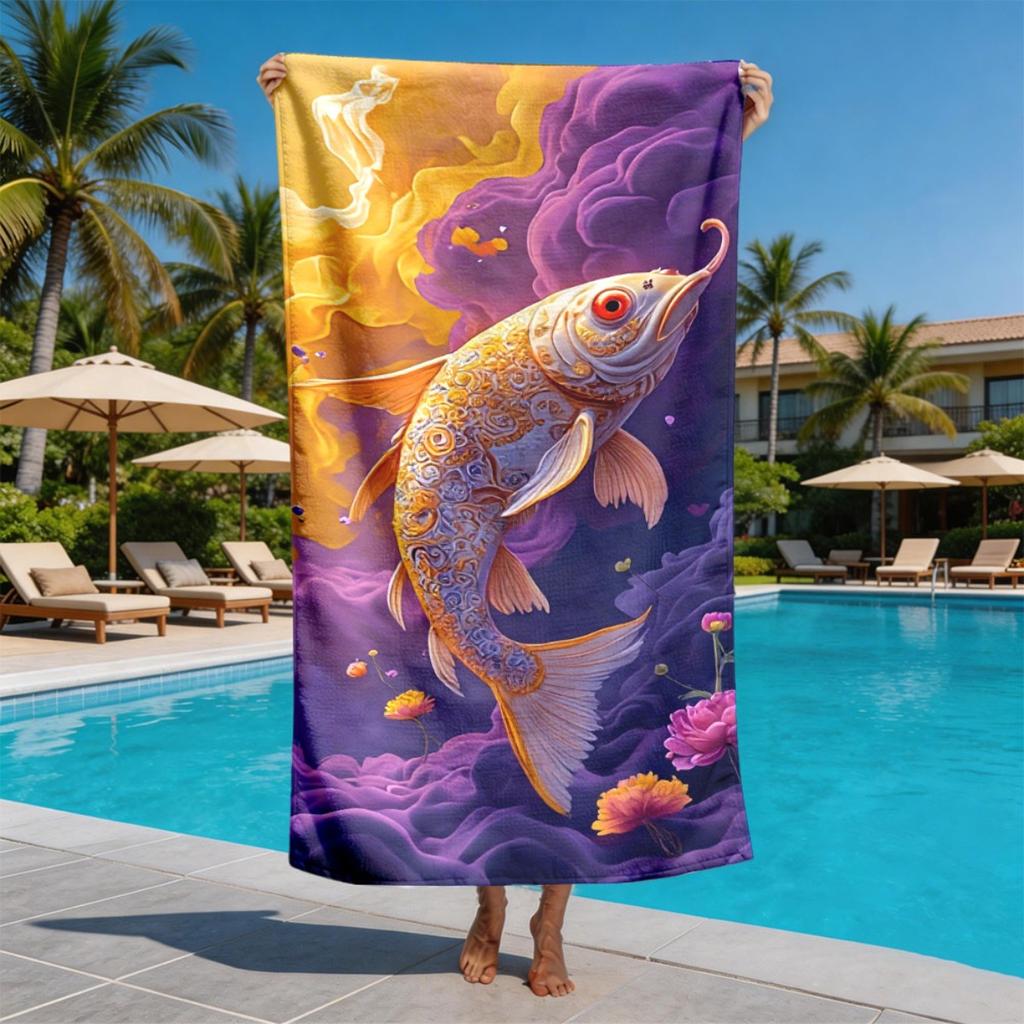 Koi Fish Jumping Theme polyester microfiber beach towel is highly absorbent, suitable for swimming and beach outings