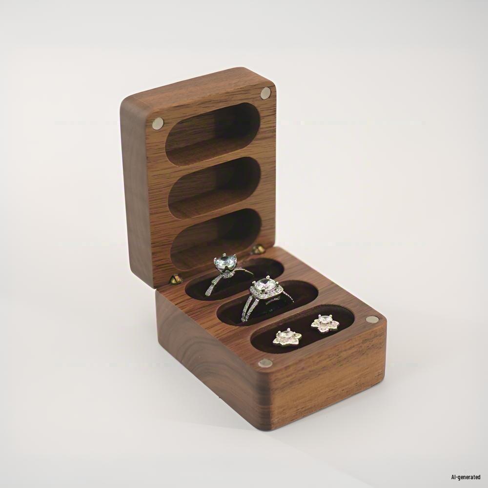 Black Walnut Wood Ring/Earring Storage Box, Three Anti-Oxidation Slots